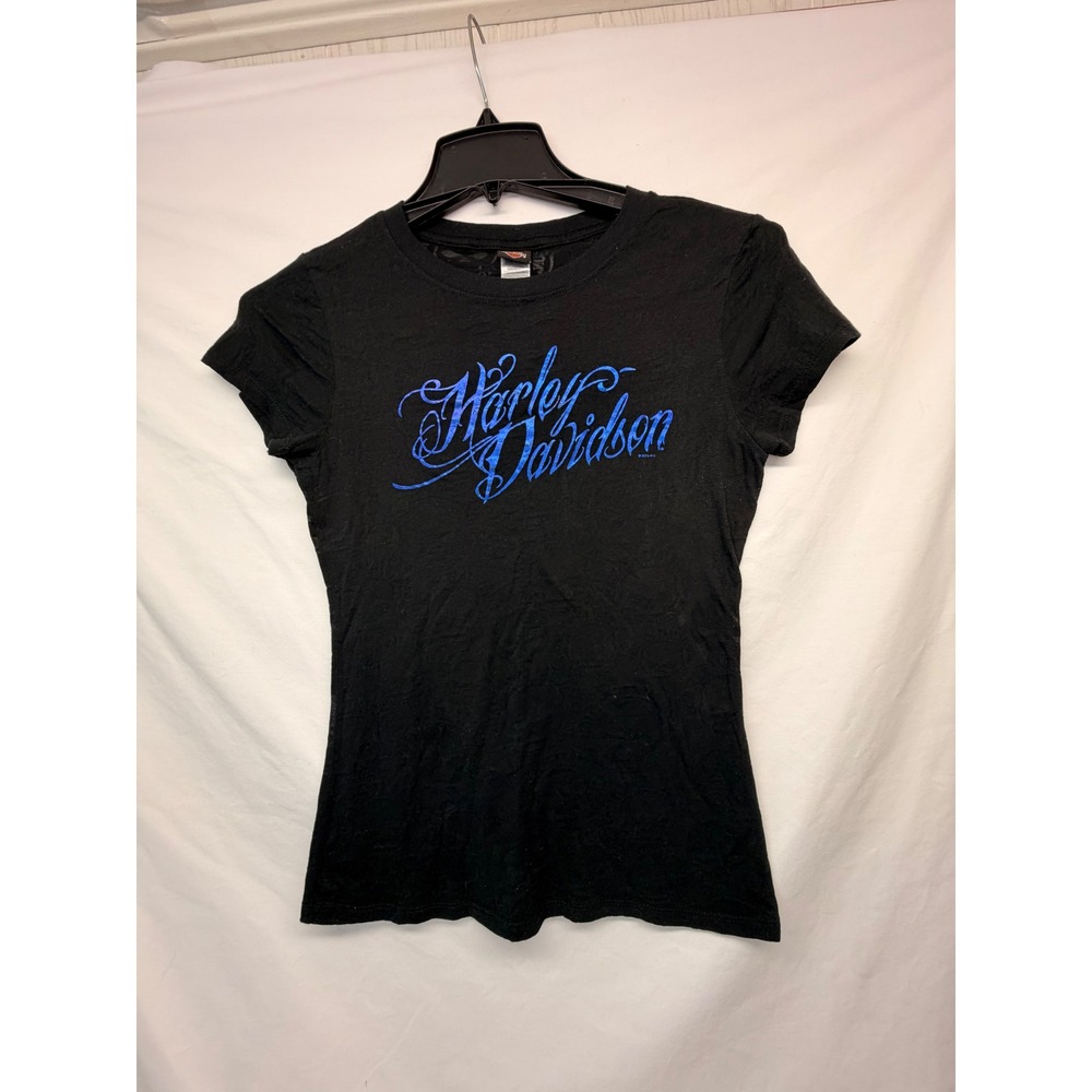 Harley-Davidson Bayside VA Burnout Skull Graphic Tee Blue Foil Script Small
